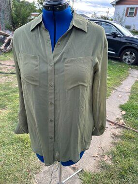 Olive Green Sheer Button Down Utility Blouse Shirt Large by Degree